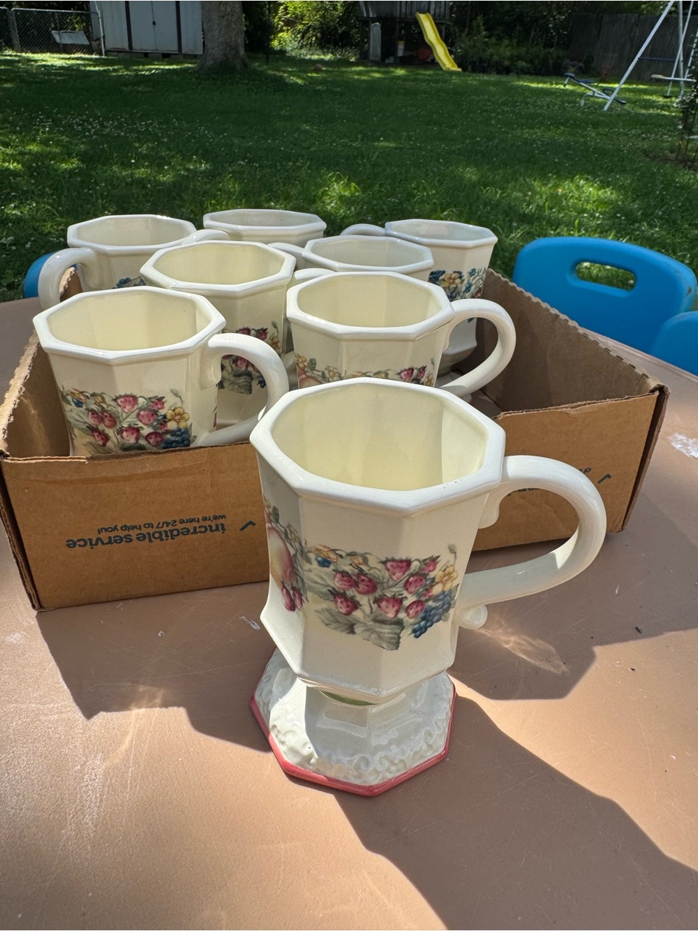 Avon Cream Ceramic Octagonal Mugs with Pink Floral Transfer (Set)